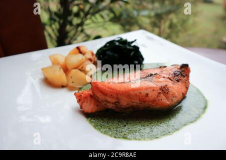 Lachssteak und Spinat und Tomatengericht Stockfoto