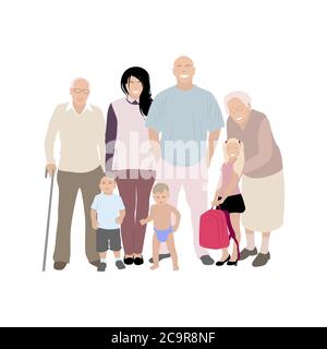 Glückliche Familie Mutter Vater Kinder und Großeltern. Mutter und Vater Familie, Mann und Frau mit Tochter Sohn. Vektorgrafik. Generation ch Stock Vektor