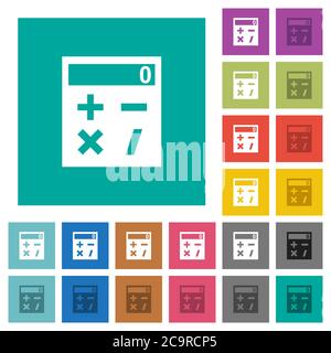 Taschenrechner mehrfarbige flache Symbole auf einfachen quadratischen Hintergründen. Weiße und dunklere Symbolvarianten für schwebe- oder aktive Effekte. Stock Vektor