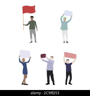 Farbige Cartoon Menschen mit Plakat und Banner, Aufruhr und Treffen. Vektor Protest und Manifestation, politische Revolution mit Plakat und Plakat, i Stock Vektor