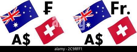 AUDCHF Forex Währungspaar Vektorgrafik. Australische und Schweizer Flagge, mit Dollar und Franc Symbol. Stock Vektor