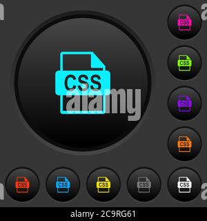 CSS-Dateiformat dunkle Drucktasten mit lebendigen Farbsymbolen auf dunkelgrauem Hintergrund Stock Vektor