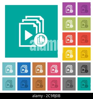 Kopieren Sie mehrfarbige flache Playlist-Symbole auf einfache quadratische Hintergründe. Weiße und dunklere Symbolvarianten für schwebe- oder aktive Effekte. Stock Vektor
