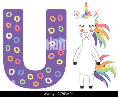 Cute Tier Alphabet für ABC-Buch. Illustration von Cartoon Einhorn. U-Buchstabe für das Einhorn Stock Vektor