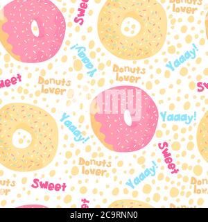 Donuts Nahtloses Muster auf weißem Hintergrund mit orange gepunktet. Desserts Vektor Hintergrund in flachen Cartoons Stil. Buntes Design für Textil, Wand Stock Vektor