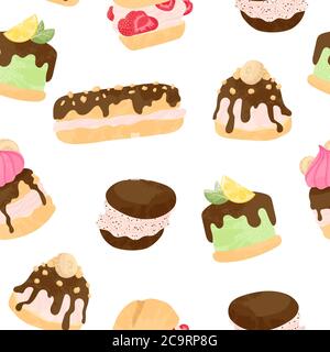 Verschiedene Kuchen, eclair und profiterole Vektor nahtlose Muster in flachen Cartoons Stil. Süßes buntes Dessert mit Schokolade, Beeren und Früchten auf Whit Stock Vektor