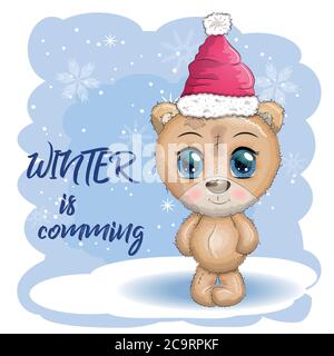Niedlichen Cartoon-Bär mit großen Augen in einem Weihnachtshut, die Inschrift Winter kommt, Grußkarte, Neujahr Stock Vektor