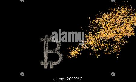 Wachsender Baum in Form eines Bitcoin-Zeichens. 3D-Rendering. Stockfoto