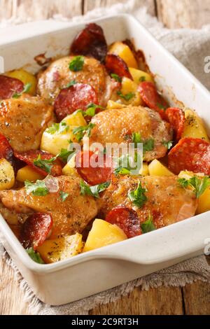 Gebackenes Huhn mit neuen Kartoffeln und Chorizo close-up in einer Auflaufform auf dem Tisch. Vertikal Stockfoto