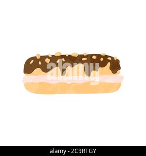 schokoladeneclair mit Schokolade und Karamell. Leckere Dessert Vektor-Illustration in flachen Cartoons Design. Isoliert auf weißem Hintergrund. Stock Art Stock Vektor