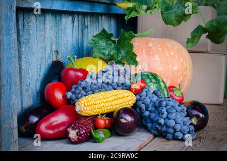 Stillleben von Mais, Trauben, Auberginen, Kürbissen und Paprika auf dem alten Hintergrund. Stockfoto