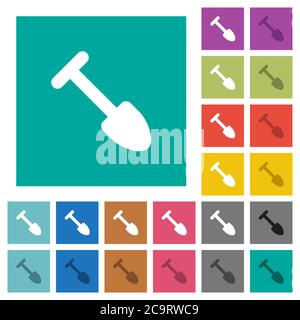 Schaufel mehrfarbige flache Symbole auf schlichten quadratischen Hintergründen. Weiße und dunklere Symbolvarianten für schwebe- oder aktive Effekte. Stock Vektor