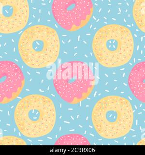 Donuts Nahtloses Muster auf blauem Hintergrund mit weiß gepunkteten. Desserts Vektor Hintergrund in flachen Cartoons Stil. Buntes Design für Textil, Wallpa Stock Vektor