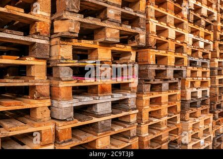 Viele Stapel gebrauchte Holzpaletten vom Euro-Typ im Lager sind bereit für das Recycling. Industrieller Hintergrund. Nahaufnahme. Im Freien. Stockfoto