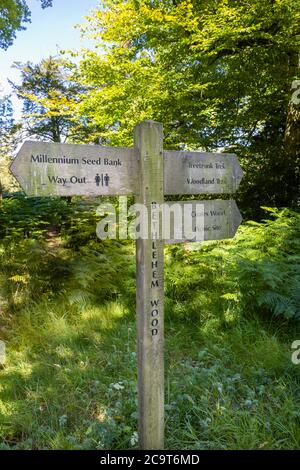 Wegweiser zu Sehenswürdigkeiten am Wakehurst (Wakehurst Place), einem botanischen Garten in West Sussex, der von den Royal Botanic Gardens, Kew, verwaltet wird Stockfoto