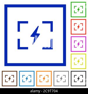 Kamera-Blitzmodus flache Farbsymbole in quadratischen Rahmen auf weißem Hintergrund Stock Vektor