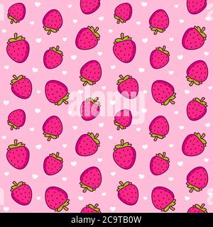 Niedliche Cartoon Erdbeere Muster. Nahtlose Textur von Erdbeeren und kleinen Herzen auf rosa Hintergrund. Vektorgrafik Clip Art Illustration. Stock Vektor