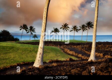 Sonnenaufgang im Hilton Waikoloa Beach Golf Resort. Hawaii, Die Große Insel Stockfoto