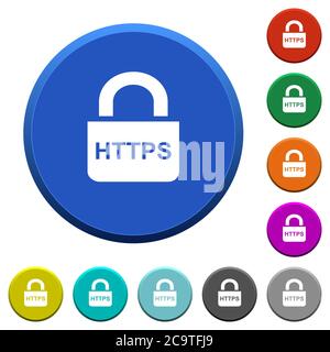 Sichere, runde, abgeschrägte Tasten mit HTTPS-Protokoll, glatte Oberflächen und flache weiße Symbole Stock Vektor