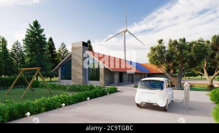 Schönes Haus in der Natur mit Sonnenkollektoren und Windturbinen. Elektroauto. Konzept der nachhaltigen Ressourcen. 3d-Rendering Stockfoto