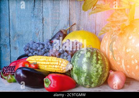 Stillleben von Herbstgemüse: Paprika, Wassermelone, Trauben, Melone, Mais, Auberginen Stockfoto