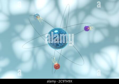 Atomkugeln mit blauem organischem Hintergrund, 3d-Rendering. Digitale Zeichnung des Computers. Stockfoto