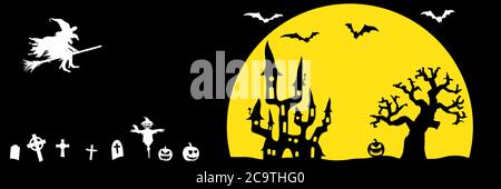 Dark Castle und Hexe vor Vollmond mit unheimlichen illustrierte Elemente für Halloween Hintergrund Layouts Stock Vektor