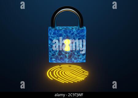 Sicherheitsschloss mit Fingerabdruckerkennung, 3d-Rendering. Digitale Zeichnung des Computers. Stockfoto