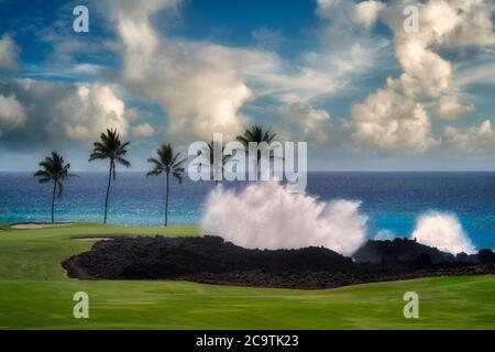 Krachende Wellen, Palmen und Golfplatz. Hilton Waikoloa Beach Golf Resort. Hawaii, Die Große Insel Stockfoto