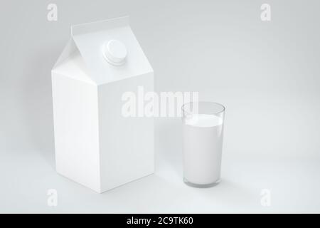 Milchbox und eine Tasse Milch, 3d-Rendering. Digitale Zeichnung des Computers. Stockfoto