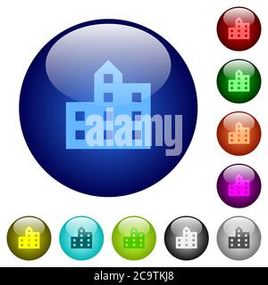 Symbole der Stadt-Silhouette auf runden farbigen Glasknöpfen Stock Vektor