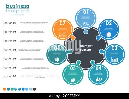 EPS 10 Vektordatei für Business-Info-Grafikvorlagen, Teamwork-Konzepte und Dateninformationen mit sieben Optionen Stock Vektor
