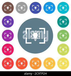 Kamera Weißabgleich Wolfram-Modus flache weiße Symbole auf runden Farbhintergründen. 17 Hintergrundfarbvarianten sind enthalten. Stock Vektor