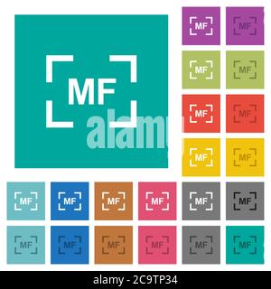 Kamera-manal-Fokusmodus mehrfarbige flache Symbole auf einfachen quadratischen Hintergründen. Weiße und dunklere Symbolvarianten für schwebe- oder aktive Effekte. Stock Vektor