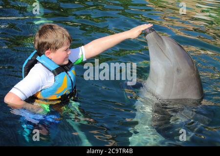 WEISSER JUNGE IM ALTER VON 10 JAHREN BEIM SCHWIMMEN MIT EINEM DELFIN IN MEXIKO Stockfoto