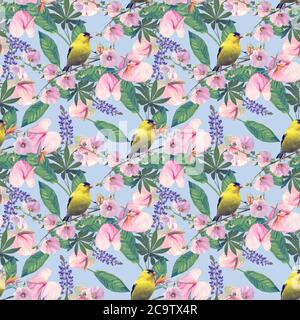 Nahtloses florales Design mit gelben Vogel und tropischen Blumen für Hintergrund, endlose Muster. Stockfoto