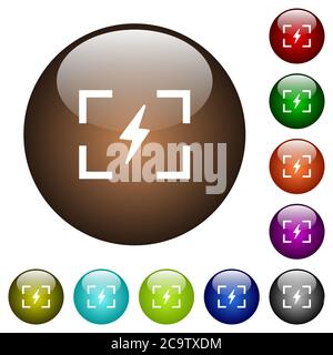 Blitzmodus der Kamera weiße Symbole auf runden Farbglastasten Stock Vektor