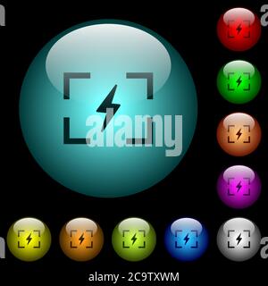 Symbole für den Blitzmodus der Kamera in farbig beleuchteten sphärischen Glastasten auf schwarzem Hintergrund. Kann für schwarze oder dunkle Vorlagen verwendet werden Stock Vektor