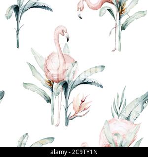 Tropisches Nahtloses Muster mit Flamingo. Aquarell tropisch Zeichnung, Rosenvogel und Grün Palme, tropisch grün Textur, exotische Blume Stockfoto