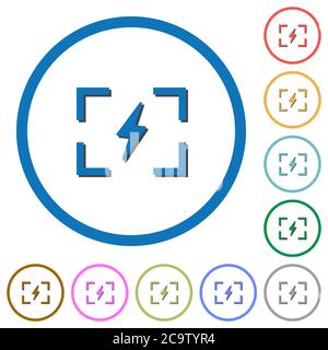 Kamera-Blitzmodus flache Farbvektorsymbole mit Schatten in runden Umrissen auf weißem Hintergrund Stock Vektor
