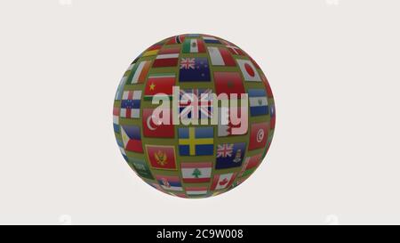 3d Render Flaggen der Welt in Globe auf weißem Hintergrund Stockfoto
