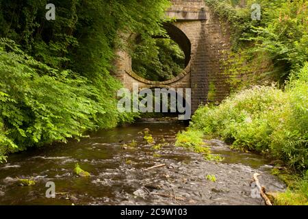 Die historische Rundbogenstraßenbrücke wurde 1819 von Thomas Telford erbaut. Im Ladywell Park befindet sich die kreisförmige Mauerwerksbrücke.Schottland. Stockfoto