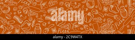 Pizza mit Zutaten und liefert Hand gezeichnet nahtlose Grenze. Lebensmittelkritzel auf braunem Hintergrund. Vektorgrafik. Stock Vektor
