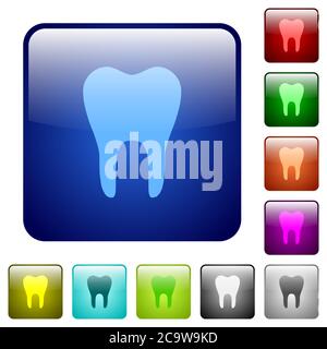 Symbole mit einem Zahn in abgerundeter quadratischer Farbe, glänzend, mit Knöpfen Stock Vektor