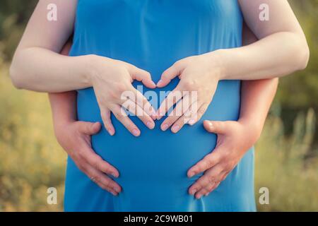 Schwangere Frau und ihr Mann stehen im Park und halten ihre Hände auf ihrem Baby Beule. Hände in Herzform. Nahaufnahme. Familie, Schwangerschaft, lov Stockfoto