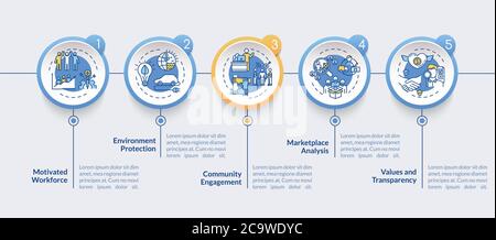 Infografik-Vorlage für Vektorgrafik für Unternehmenskommunikation. Kernwerte Präsentation Designelemente. Datenvisualisierung in 5 Schritten. Zeitplandiagramm für den Prozess Stock Vektor