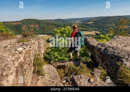 Eugenienstein, Blick auf das Rurtal, Landschaft entlang der roten Sandsteinroute, in der Region Rur-Eifel, bei Nideggen, Kreis Düren, NRW, Deutschland Stockfoto