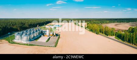 Luftaufnahme Kornspeicher, Korntrocknungskomplex, kommerzielles Getreide oder Saatsilos in sonniger Frühling ländliche Landschaft. Silos Für Maistrockner, Inland Grain Terminal Stockfoto