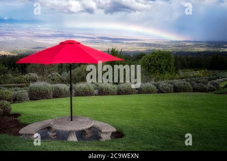 Sonnenschirm und Tisch in Alii Kula Lavendel Farm, mit Regenbogen. Maui, Hawaii Stockfoto