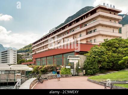 Lugano, Tessin, Schweiz - 5. August 2019: Blick auf das Grand Eden Hotel am Ufer des Luganer Sees in der Stadt Lugano Paradiso, Schweiz Stockfoto